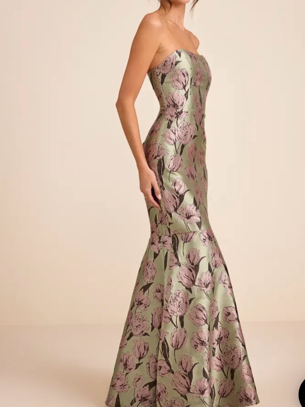 Lulu's Strapless Floral Mermaid Gown in Sage Green and Dusty Pink